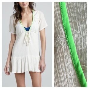 Basta Surf Beige Lime Green Gauze Mini Dress Swim Cover Up